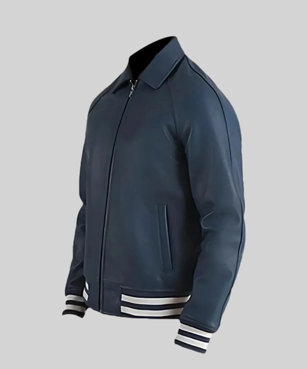 Mens Plain Leather Blue Varsity Jacket