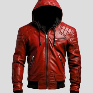 Mens Red Leather Hooded Jacket