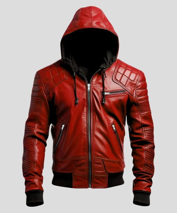 Mens Red Leather Hooded Jacket