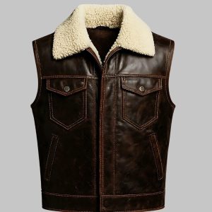 Mens Retro Leather Plush Lapel Collar Vest