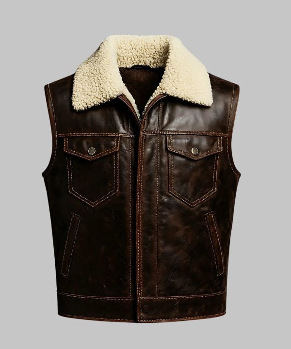Mens Retro Leather Plush Lapel Collar Vest