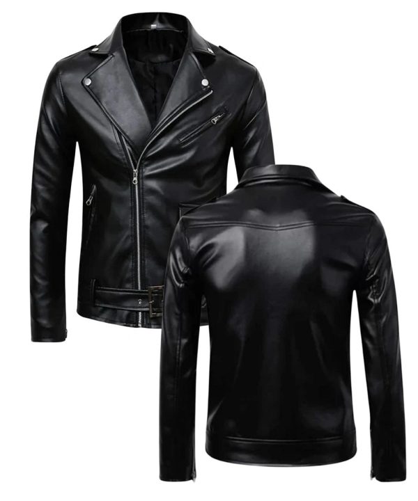 Mens Shining Biker Leather Jacket Black