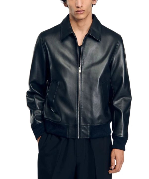 Mens Shining Plain Leather Jacket Black