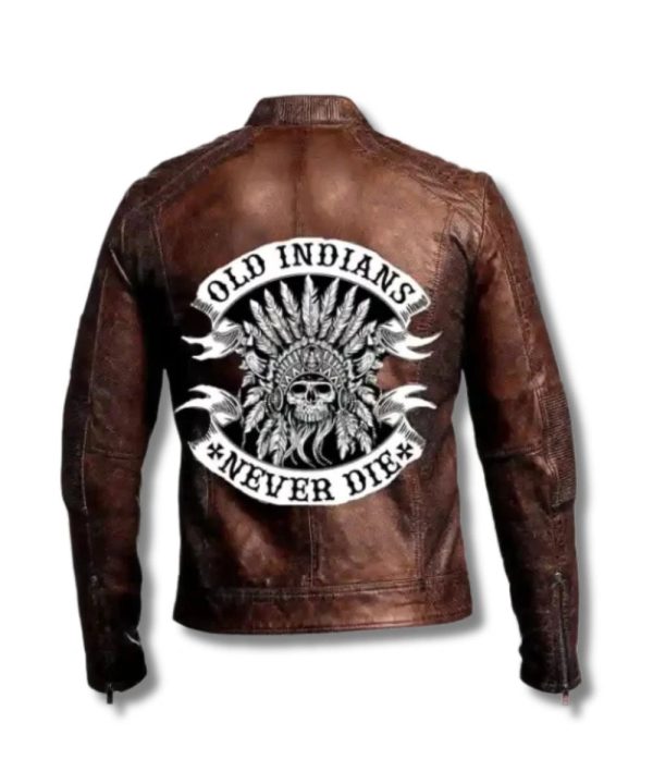 Mens Skull Motorcycle Cafe Racer Leather Bomber Jacket Brown