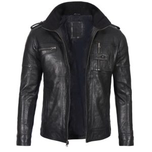 Mens Tavares Distressed Black Leather Biker Jacket