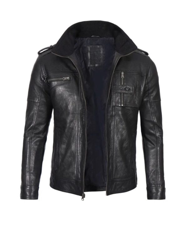 Mens Tavares Distressed Black Leather Biker Jacket