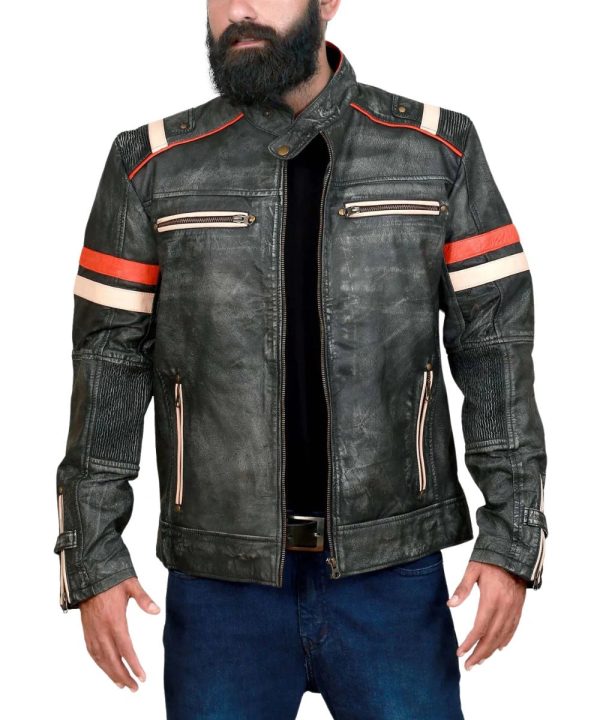 Mens Vintage Distressed Black Cafe Racer Leather Bomber Jacket