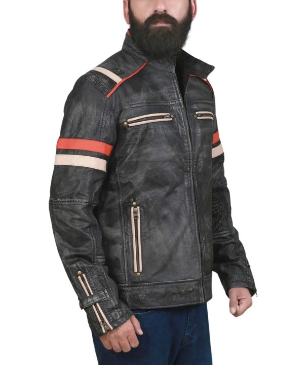 Mens Vintage Distressed Cafe Racer Black Leather Bomber Jacket