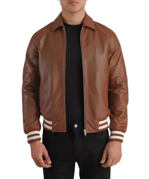 Mens Biker Brown Leather Varsity Bomber Jacket