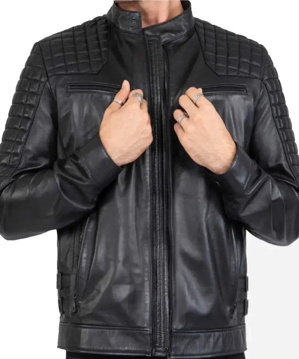 Mens Black Cafe Racer Quilted Biker Leather Bomber Jacket