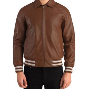 Mens Brown Biker Leather Varsity Bomber Jacket