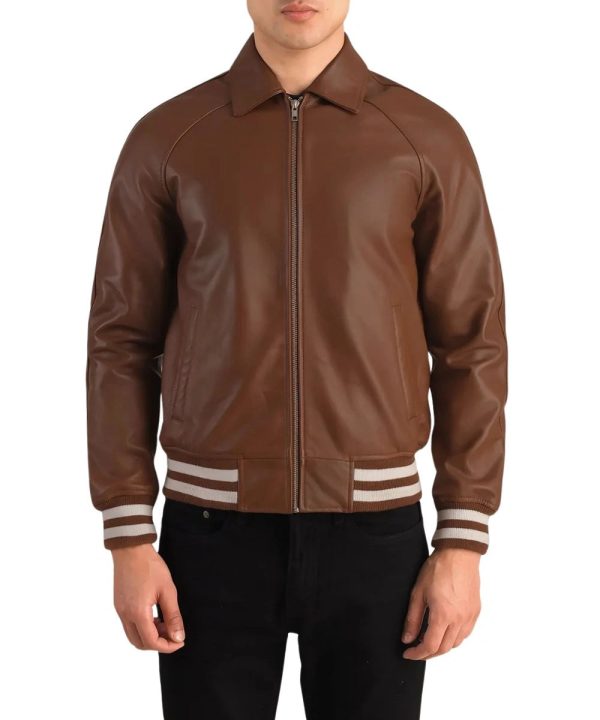 Mens Brown Biker Leather Varsity Bomber Jacket