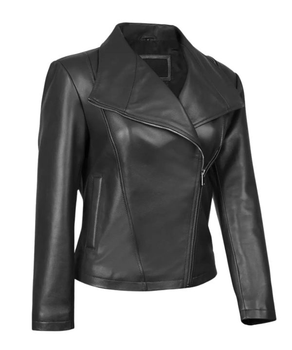 Montagna Wide Collar Black Asymmetrical Biker Leather Jacket Womens