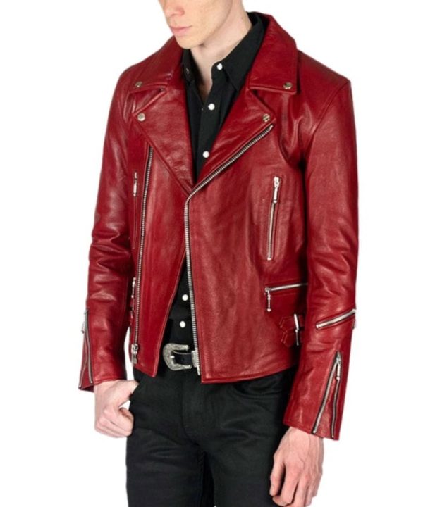 Motorcycle Biker Bomber Red Leather Jacket For Men
