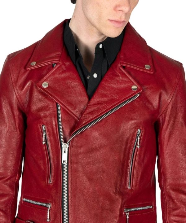 Motorcycle Biker Bomber Red Leather Jacket Mens