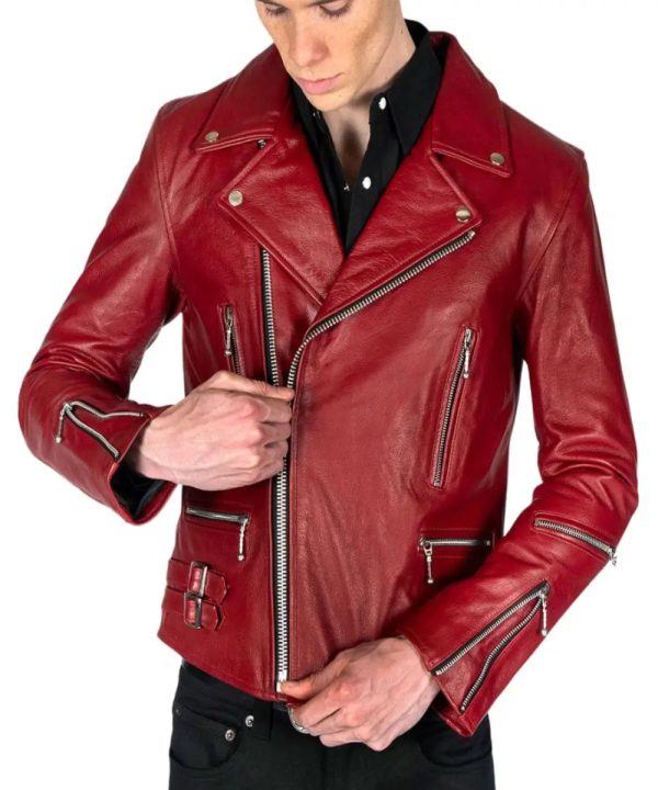 Motorcycle Biker Red Leather Jacket Mens