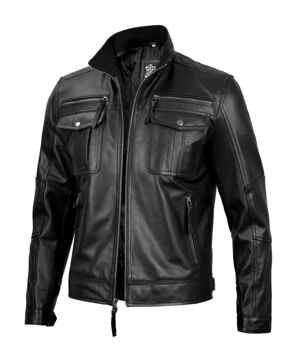 Motorcycle Black Cafe Racer Real Leather Jacket Mens