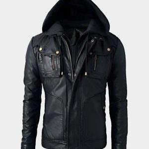 Motorcycle Brando Style Biker Leather Detachable Hoodie Jacket Black