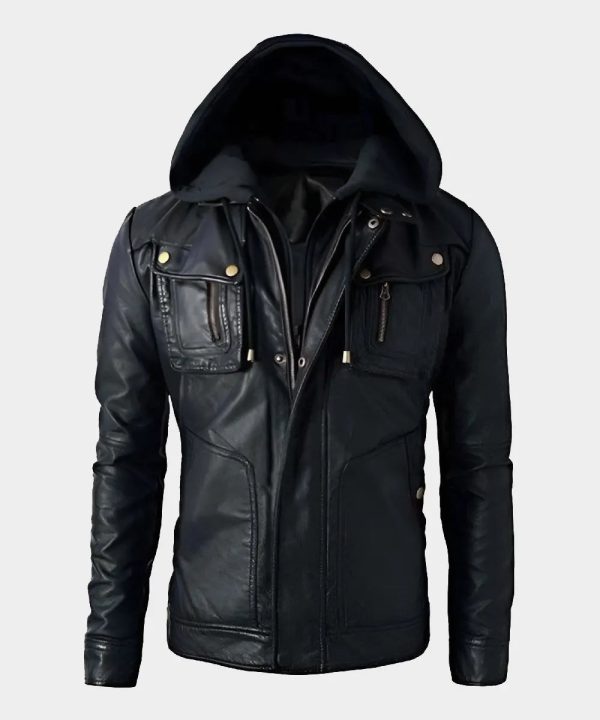 Motorcycle Brando Style Biker Leather Detachable Hoodie Jacket Black