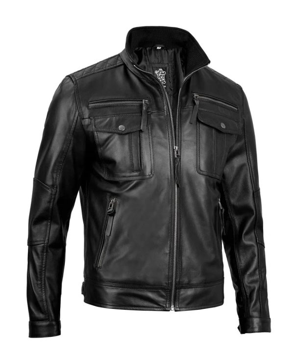 Motorcycle Cafe Racer Black Real Leather Jacket Mens