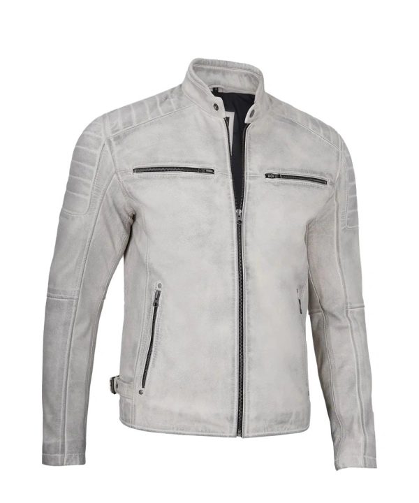 Off White Grey Wax Mens Cafe Racer Leather Jacket