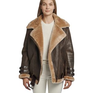 Oversized Dark Brown Shearling Leather Bomber Jacket Womens