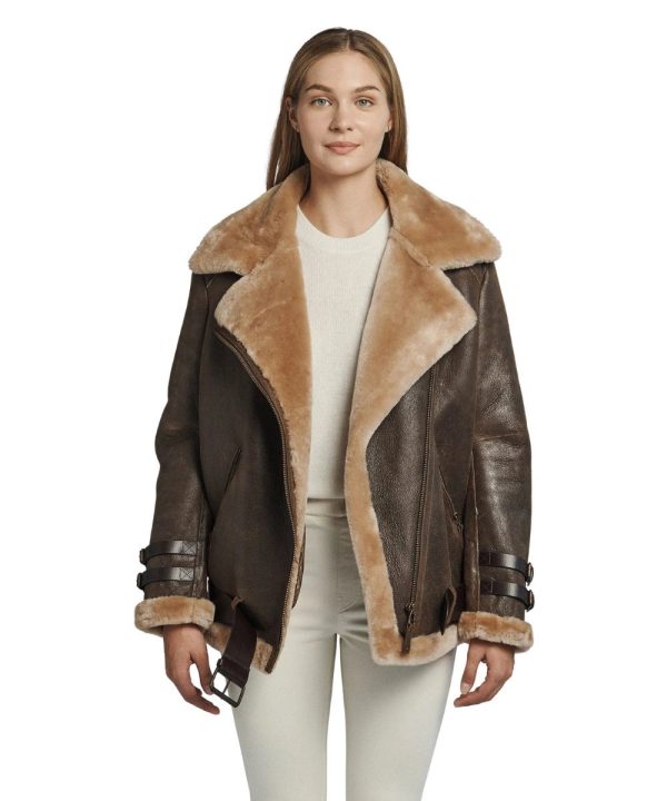 Oversized Dark Brown Shearling Leather Bomber Jacket Womens