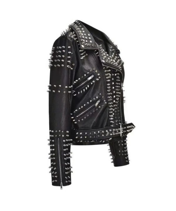 Slim Fit Studded Moto Spikes Genuine Leather Black Jacket For Women