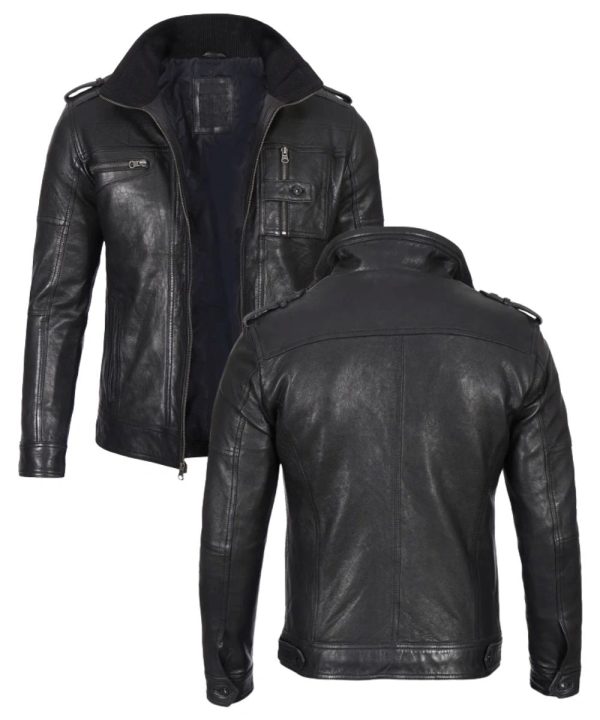 Tavares Mens Distressed Black Leather Biker Jacket