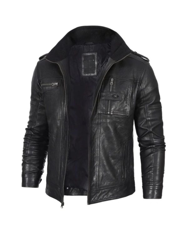 Tavares Mens Distressed Leather Biker Jacket Black
