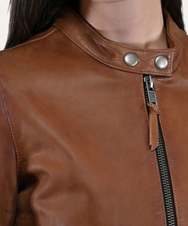 Tobacco Brown Frye Cafe Racer Leather Jacket For Women