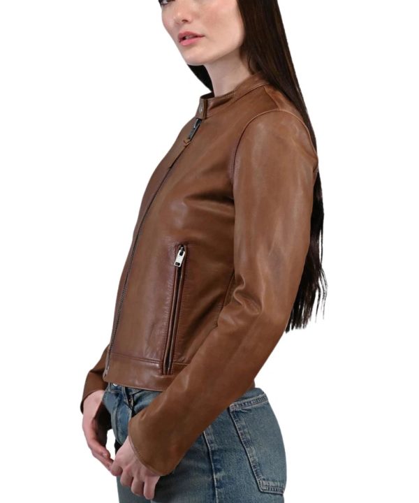 Tobacco Brown Frye Cafe Racer Leather Jacket Womens