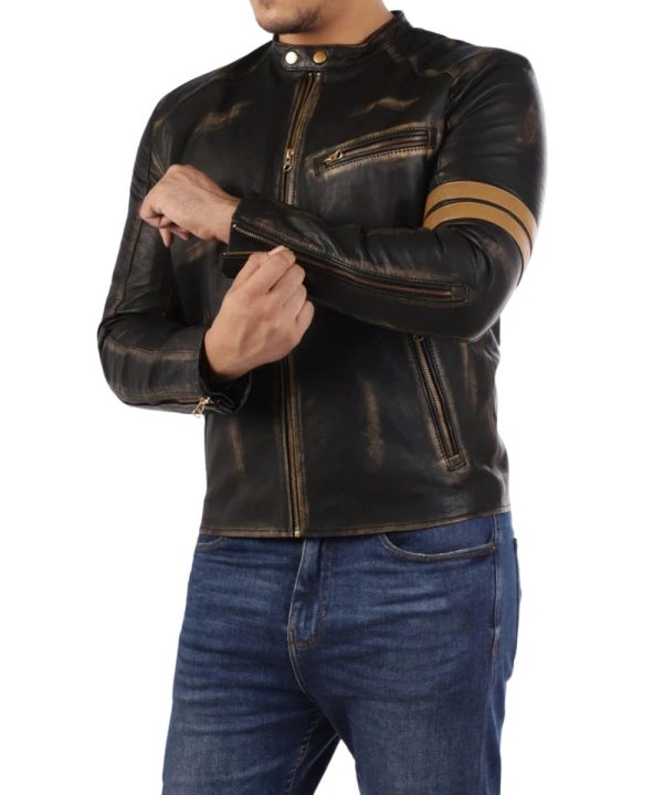 Vintage Black Cafe Racer Genuine Lambskin Leather Jacket Mens