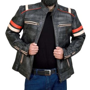 Vintage Distressed Black Cafe Racer Leather Bomber Jacket For Men