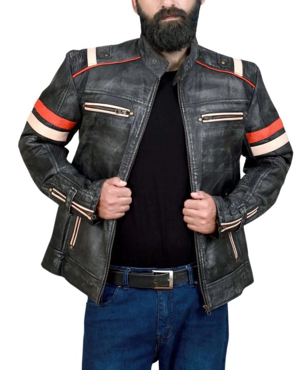 Vintage Distressed Black Cafe Racer Leather Bomber Jacket For Men