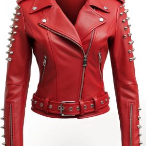 Women Studs spikes Red Leather Jacket