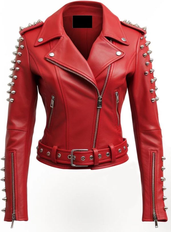 Women Studs spikes Red Leather Jacket
