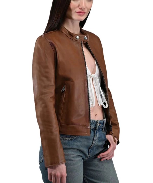 Women Tobacco Frye Cafe Racer Leather Jacket Brown