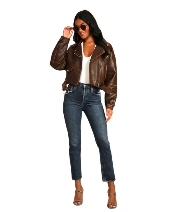 Women's Avec Les Filles Open Road Faux Leather Brown Cropped Motorcycle Bomber Jacket