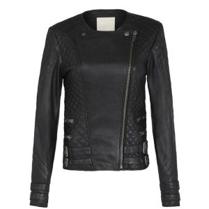 Women’s Biker Crew Neck Black Leather Bomber Jacket