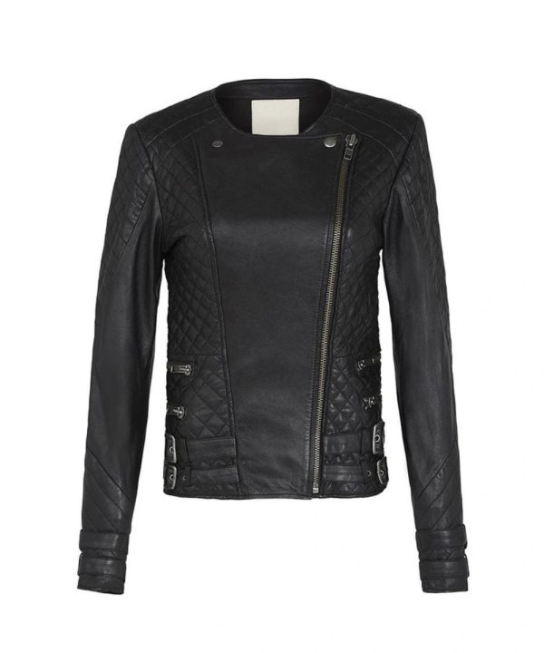 Women’s Biker Crew Neck Black Leather Bomber Jacket