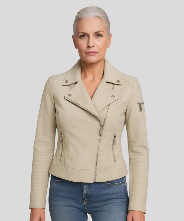 Women's Biker Slim-Fit Genuine Leather Jacket Cream
