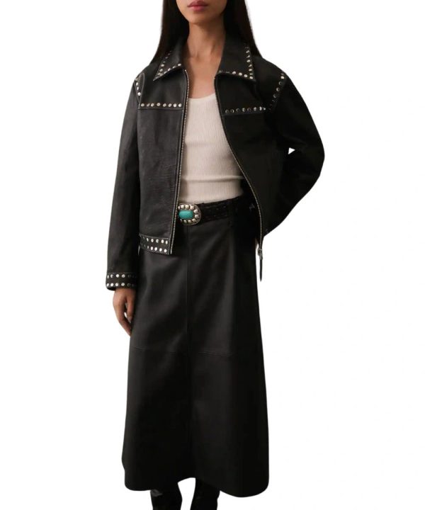 Women's Biker Studded Black Leather Jacket