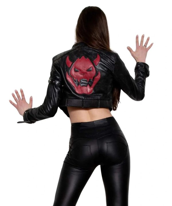 Women's Black Distressed King Castle Cropped Leather Bomber Jacket