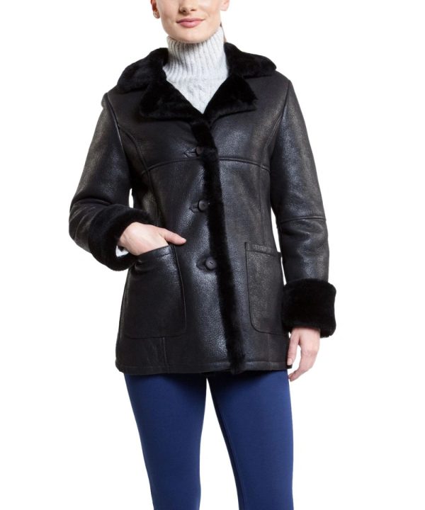 Women's Black Sheepskin Shearling Leather Bomber Jacket
