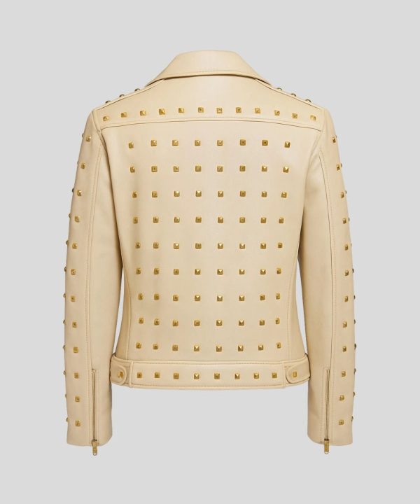 Women's Classic Biker Studded Leather Jacket Beige
