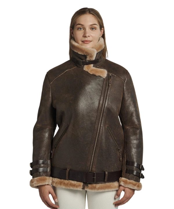 Women's Dark Brown Oversized Shearling Leather Bomber Jacket