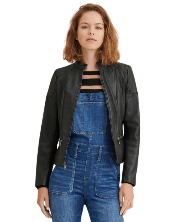 Women's Distressed Biker Leather Jacket Black