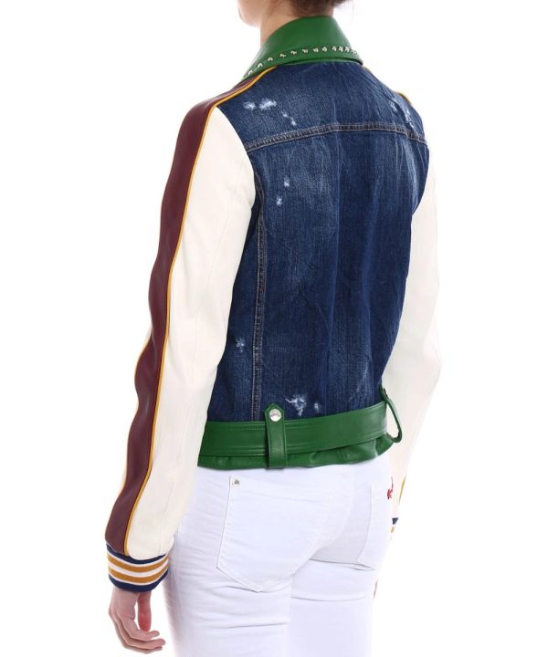 Women's Dsquared2 Scout Studded Biker Leather & Denim Jacket  Green / White