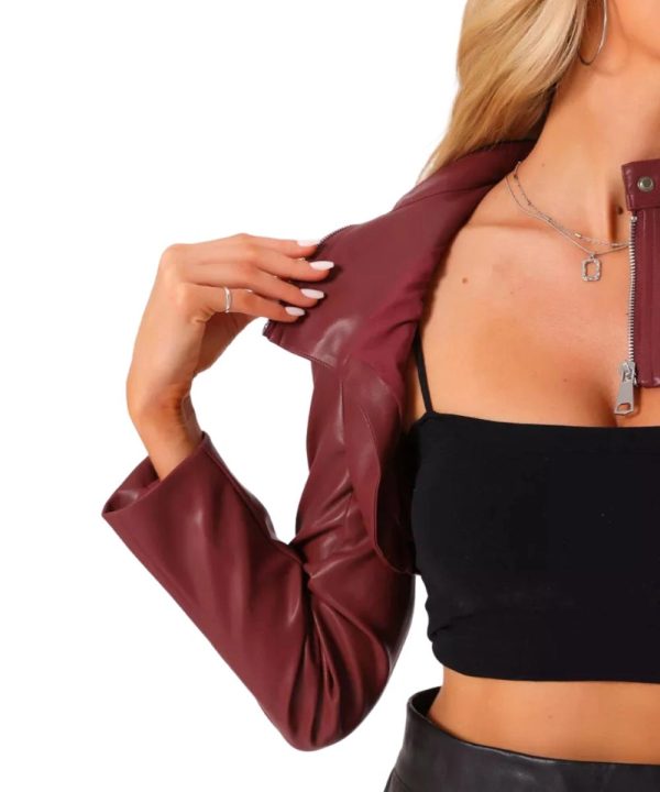 Women's Faux Leather Crop Motorcycle Biker Long Sleeve Red Jacket